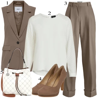 Móda pro plnoštíhlé Outfit s Krémová/Bílá Halenkový Top/Halenka s Dlouhým Rukávem/Slip-on Halenka/Halenka se Stojatým Límcem/Kožená bunda pro muže/Crash blůza/Dětská hračka/Sportovní Halenka/Mušelínová Halenka/Blůza s nášivkou na lokti Object "Oblečení do kanceláře"