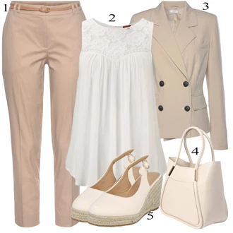 Outfit s Béžová/Khaki/Hnědá Capri kalhoty/7/8 Kalhoty/Obleková Kalhoty/Úzká Kalhoty/Kalhoty se Štěrbinou/3/4 Kalhoty/Bengaline Kalhoty/Kalhoty s nášivkou uprostřed/Navlékací Kalhoty/Twillová Kalhoty VIVANCE "Klasické vzhledy"