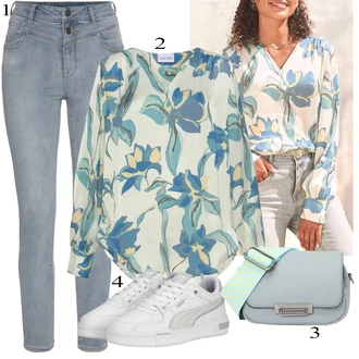 Zapínání na knoflíky Satén Outfit s Modrá Halenka Halenkový Top/Hedvábná Halenka/Oversize Halenka/Halenka s Potiskem/Crash blůza/Vzorovaná Halenka Lascana "Elegantní vzhled"