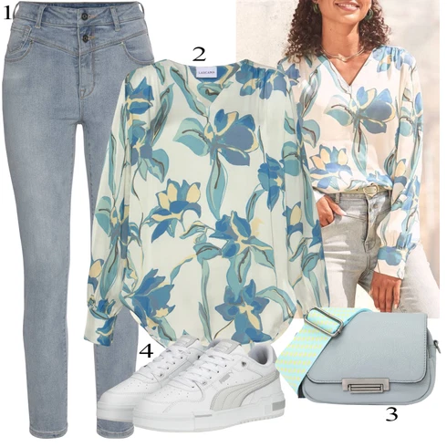 Kombinace Modrá Crash blůza/Hedvábná Halenka/Halenkový Top/Vzorovaná Halenka/Halenka s Potiskem/Oversize Halenka Lascana kombinovat s Šedá/Světle modrá Kožená bunda/Slim Fit Džíny/Dámské Džíny s Délkou 7/8/Capri Džíny/Džín s Nízkým Pasem/Push up Džín/Džíny s Rozparkem/Zkrácené Džíny/Kotníková Bota/Navlékací džíny/Džíny s Nízkým Sedem/Kožené Boty Lascana