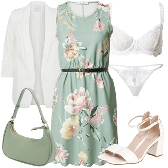 Kombinacije za posao Chic s kopčom Koža sa Smeđa/Crvena/Bijela/Krem Sandalice s blok petom/Sandala s petom About You "Poslovni look"Look: Chic, Šik, Old Money, Burleska, cool, Elegantan