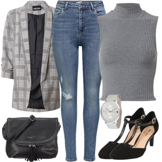 Kombinacije za festival Gotički sa Crna/Bijela/Bež Cipela Mary Jane/Pumpa u obliku slova T About You "Poslovni look"Look: Stil, Francuske, Old Money, Elegantan, Burleska, cool, Chic, Gotički