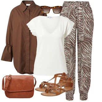 Outfit s Hnědá/Fialová/Béžová Baggy Kalhoty/Plážová Kalhoty/Kalhoty s nášivkou uprostřed/Látková Kalhoty/Kalhoty s Peřím/Kalhoty s Potiskem Lascana "Pro slunečné dny"