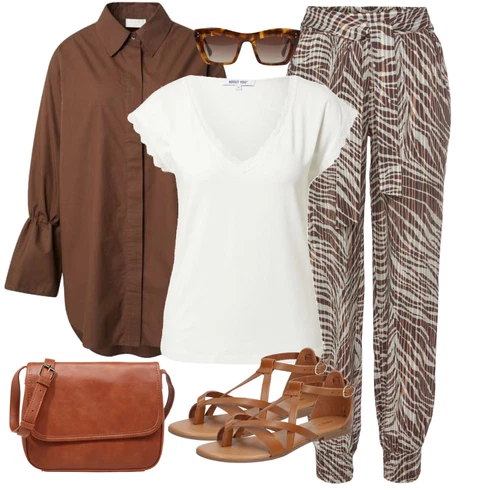 Kombinace Hnědá/Fialová/Béžová Široká Kalhoty Baggy Kalhoty/Plážová Kalhoty/Kalhoty s nášivkou uprostřed/Látková Kalhoty/Kalhoty s Peřím/Kalhoty s Potiskem Lascana kombinovat s Tmavě hnědá/Hnědá/Khaki Dlouhá Halenka/Tunikové Tričko/Halenka se Stojatým Límcem/Oversize Halenka Leger by Lena Gercke