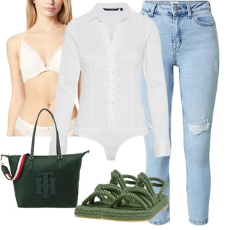 Outfit s Zelená/Tmavě zelená Bota Pletený Sandál/Letní Bota/Rybářská sandála Pull&Bear "Pro slunečné dny"