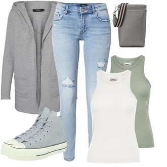 Výstřih na ramena Outfit s Šedá/Světle šedá Pletenina veľkej veľkosti/Kabát/Mikina VERO MODA "Sportovní letní outfity"