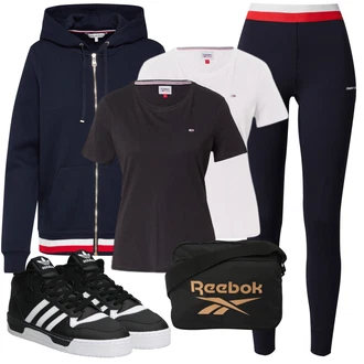 Streetwear Outfit s Tmavě modrá Mikina/Vintage Mikina/Sportovní Mikina/Pletená Mikina s kapucí/Svetr S Kapucí/Originální Mikina/Mikina na zip oversized Tommy Hilfiger "Sportovní letní outfity"Look: Preppy, Streetwear, Klasické, Sportovní, Unisex, Nadrozměrné