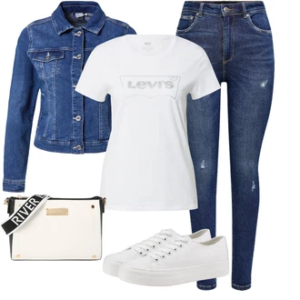 Outfit s Modrá/Světle modrá/Tmavě modrá Krátké Džínové Bundičky/Džínové Bund Cream "Sportovní letní outfity"