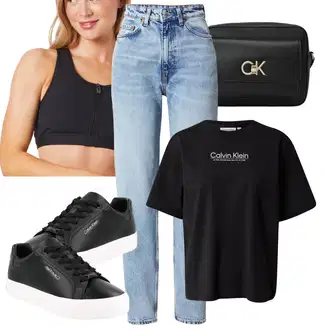 Outfit s Černá/Tmavě červená/Hnědá Teniska Kožené Tenisky/Tenisky s Bočním Zipem/Nízká Teniska/Úzká Teniska Calvin Klein "Sportovní letní outfity"