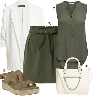 Outfity pro matri?ní ú?ad Le?érní Host s Tmav? zelená/Bé?ová/Khaki Letní Bota/Espadrille sandál/Espadrilka na Podpatku/Espadrilka s klínovým podpatkem About You "Perfektní na léto"Look: Boho, Le?érní, Cool, Italský, Krásný, Safari, Sportovní