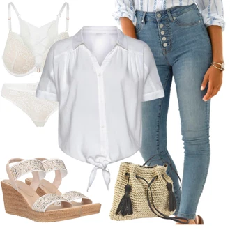 Outfit s ?edá Buffalo, Bílá/Krémová Halenka a Tunika/Halenka Móda Pro Plno?tíhlou Buffalo "Stylová letní nálada"