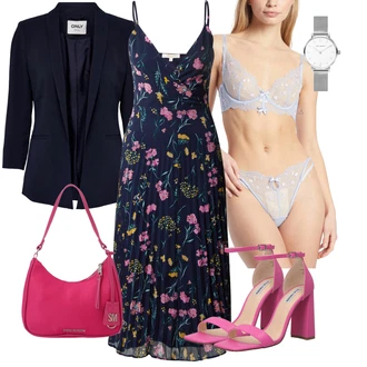 Slavnostní Outfit s Fialová/Modrá/Lilové barvy/Tmavě Modrá Květinové Šaty/Dlouhé Letní Šaty/Maxi Šaty/Šaty S Potiskem/Šaty Na Ramínko/Midi Šaty About You "Stylová letní nálada"Look: Lehký, Slavnostní