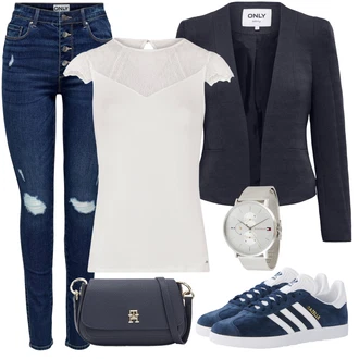 Vintage Outfit s Modrá/Tmavě modrá Kožená bunda/Zimní bunda/Džíny s Rozparkem/Kožené bundy/High Waist Džínové Kalhoty/Push up Džín/Džíny s Dírou Only "Stylová letní nálada"Look: Styl, 90tá léta, Ležérní, Cool, Francouzské, Univerzitní, Vintage