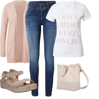 Outfit s Hnědá/Béžová Sandál Dianette/Římská sandála/Sandál S T Páskem/Rybářská sandála/Sandál se suchým zipem About You "Stylová letní nálada"