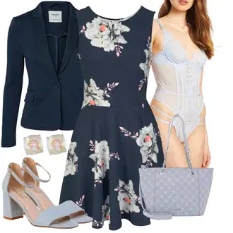 Outfity na zahradní párty Svatební host s Modrá/Světle modrá/Tmavě modrá/Růžová Šaty Fit & Flare/Šaty Bez Rukávů/Šaty S Potiskem/Šaty Do Áčka/Skater šaty/Letní Šaty BEACH TIME, Světle modrá Sandál Na Podpatku/Sandál Na Širokém Podpatku/Letní Bota/Přezková bota/Pohodlná lodička/Sandál s podpatkem/Boty Mary Jane About You "Vkusný letní outfit"