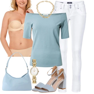 Outfity z džínu Vysoké Podpatky s Světle modrá Sandál Na Podpatku/Sandál Na Širokém Podpatku/Letní Bota/Přezková bota/Pohodlná lodička/Sandál s podpatkem/Boty Mary Jane About You "Vkusný letní outfit"