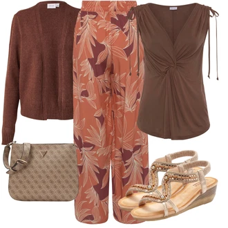 Tropický Outfit s Hnědá/Červená/Oranžová/Béžová/Růžová/Fialová Culotte Kalhoty/Mušelínové kalhoty/Plážová Kalhoty/Kalhoty s Potiskem/Palazzo Kalhoty/Široká Kalhoty/Kalhoty s Peřím Lascana "Vkusný letní outfit"