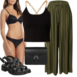 20 léta Outfit s Tmavě zelená/Khaki Široká Kalhoty/Culotte Kalhoty/Palazzo Kalhoty/Paperbag Kalhoty/Plisovaná Kalhoty/Plisovaná Kalhoty About You "Vkusný letní outfit"Look: 20 léta, Old Money, Venkovní