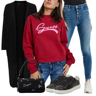 Outfit s Sv?tle modrá/Modrá Ko?ená bunda/Slim Fit D?íny/Kotníková Bota/Ko?ené Boty/High Waist D?ínové Kalhoty/D?íny s Rozparkem/Navlékací d?íny/Push up D?ín Guess "Cool podzimní outfit"