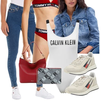 Outfit s Červená/Tmavě červená/Černá/Hnědá Brazilské Kalhotky/Spodní Kalhotky/Klasické Kalhotky/Tanga/Kalhotky/Tanga/Slip S Nízkým Pasem Tommy Hilfiger "Cool podzimní outfit"