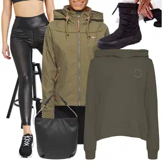 Styl Outfit s Tmavě zelená/Khaki/Šedá Mikina/Originální mikina/Svetr S Kapucí/Pletená mikina s kapucí/Oversize mikina/Kožená bunda/Partnerská Mikina/Sportovní mikina/Unisex Mikina S Kapucí/Vintage mikina Noisy may "Cool podzimní outfit"