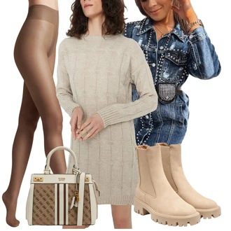 Podzim Outfit s Khaki/Béžová/Hnědá Zimní Pletené Šaty/Dlouhé pletené šaty/Svetrové Šaty Trendyol "Cool Podzimní outfit"