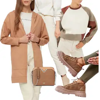 Venkovní Outfit s Béžová/Hnědá Sportovní mikina/Kožená bunda/Fleecová Mikina Trendyol "Cool podzimní outfit"Look: Italský, Venkovní, Moderní, Skater, Steampunk