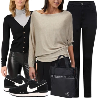 Outfit s Černá Kožená bunda/High Waist Džínové Kalhoty/Džíny s Rozparkem/Push up Džín/Slim Fit Džíny/Kožené Boty/Termální Džíny/Zimní bunda orsay "Cool podzimní outfit"