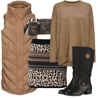 Outfit s Hnědá/Béžová/Khaki Peřová Vest/Puffer Vest/Dlouhá Vest yas "Cool podzimní outfit"