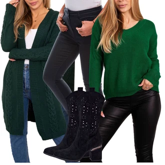 Outfit s Tmavě zelená/Zelená Vlněný kardigán/Svetr kroj/Zimní svetr/Dlouhé Kardigany/Svetr s podšívkou kesi "Cool podzimní outfit"