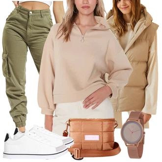 Outfit s Tmavě zelená/Khaki Cargo Kalhoty/Košile Cargo Šortka/Cargo Tepláky/Capri def "Cool podzimní outfit"