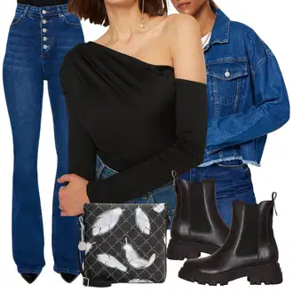 Outfit s Tmavě modrá/Světle modrá/Bílá/Modrá Džín s Širokou Nohavicí/Kožená Pánská Bund/Džíny s Rozparkem/High Waist Džínové Kalhoty/Zvonové Džíny/Pánské tričko Trendyol "Cool podzimní outfit"