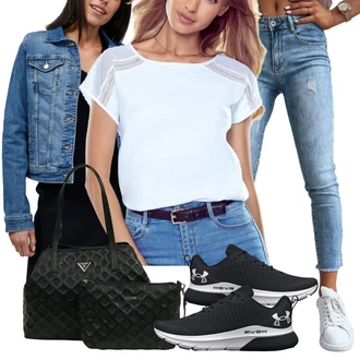 Outfit s Světle modrá/Krémová/Bílá Sportovní Halenka/Slip-on Halenka/Halenka s Krátkým Rukávem/Průhledná blůza/Rozverná blůza/Crash blůza/Kožená bunda/Halenka Eldar "Cool podzimní outfit"