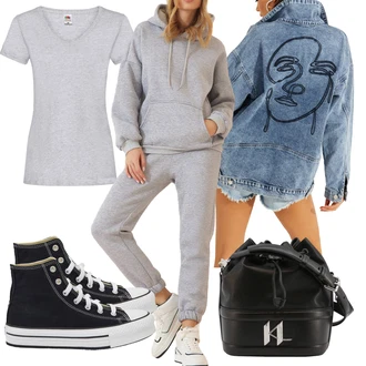 Outfit s ?edá Tri?ko Fruit Of The Loom "Cool podzimní outfit"