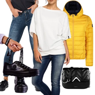 Sportovní Outfit s Tmavě modrá/Modrá Kožená bunda/Push up Džín/Kožená Pánská Bund/Navlékací džíny/Džíny s Rozparkem/Džíny s Nízkým Sedem/Džín s Nízkým Pasem/Kotníková Bota/Kožené Boty Only "Cool podzimní outfit"Look: Bezešvé, Sportovní