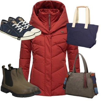 Outfit s Červená/Tmavě červená/Oranžová Prošívaná Bunda/Lyžařská bunda/Sněhová Bund/Puchová Bund/Nafukovací Bund/Podzimní bunda/Letní peřová bunda/Zimní Bund Ragwear "Cool podzimní outfit"