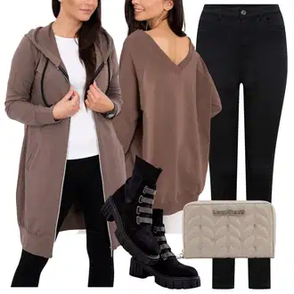 Jízda na koni Outfit s Hnědá/Šedá/Béžová/Fialová Kožená bunda/Oversize mikina rue paris "Cool podzimní outfit"Look: Volný čas, Tanec, Běhání, Jízda na koni