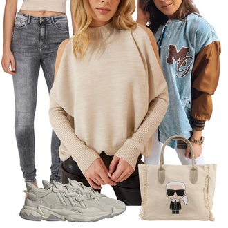 Outfit s Béžová/Hnědá/Khaki/Zlatý Pončo & Kimono Pletené pončo/Kardigán s kulatým výstřihem/Pončo/Zavinovací svetr happiness İstanbul "Cool podzimní outfit"