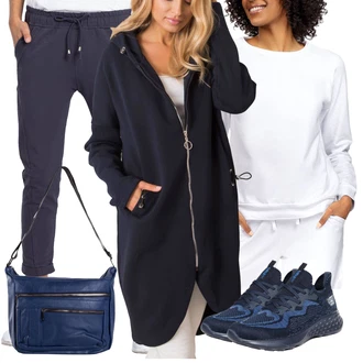 Tenis Outfit s Krémová/Bílá/Šedá Sportovní Mikina/Fleecová Mikina dkaren "Cool podzimní outfit"Look: Tenis, Volný čas, Běhání