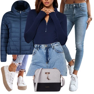 Sportovní Outfit s Světle modrá/Modrá High Waist Džínové Kalhoty/Džíny s Dírou/Kotníková Bota/Kožené bundy/Džíny s Rozparkem dstreet "Cool podzimní outfit"Look: Trendový, Ležérní, Sportovní