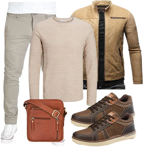 Braun/Khaki/Beige Trachtenstrickjacke/KunstLederjacke/Sommerjacke/Frühlingsjacke/Motorradjacke/Herbstjacke/Bikerjacke/Jacke mit Seitlichem Reißverschluss Crone kombinieren