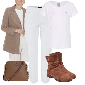 Outfit s Šedá/Světle modrá/Krémová/Bílá Mom Jean/Zkrácené Džíny/Slim Fit Džíny/High Waist Džínové Kalhoty/Zužující se Džíny/Kotníková Bota/Džíny s Rozparkem/Dámské Džíny s Délkou 7/8/Girlfriend Džíny/Kožené Boty/Kožená bunda/Dad Džíny/Džíny Regular Fit/Rovná Džína Pieces "Elegantní podzimní outfit"