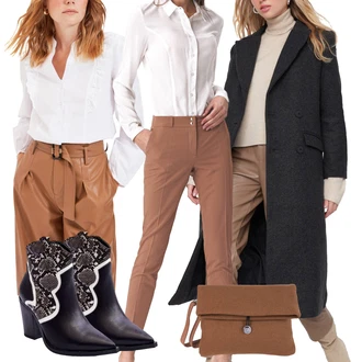 Outfit s Hnědá/Béžová Košilová Blůza/Mušelínová košile/Business košile/Ležérní košile/Obchodní košile Trendyol "Elegantní podzimní outfit"