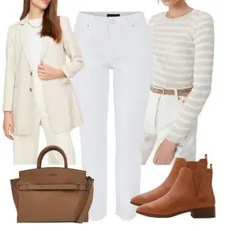 Outfity z džínu s Béžová/Bílá/Zlatý/Khaki Oblek Boucle Blazer/Boyfriend Sako/Kožená bunda pro muže/Kordové Sako/Bavlněný Sako/Dvojřadový Sako/Elegantní Sako/Pletený Sako/Dlouhý Sako/Oversize Sako/Krátké Sako/Kožená Pánská Bund/Kožená bunda Trendyol "Elegantní podzimní outfit"