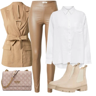 Outfit s Hnědá/Šedá/Khaki/Béžová Neprůhledný Legíny/Formovaná Legína/Kožený legíny/Legíny s Rozparkem/Strečová Kalhoty/Legíny s Vysokým Pasem/Skinny Kalhoty/Jeggings/Tregíny/Legíny Kožený Vzhled/Push up Kalhoty Object "Elegantní podzimní outfit"