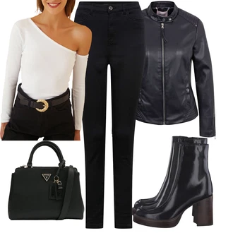 s Vysokým Shaftem Outfit s Černá Kozačka Kotníková Bota Na Podpatku/Gumová Kotníková Bota Tamaris "Elegantní podzimní outfit"