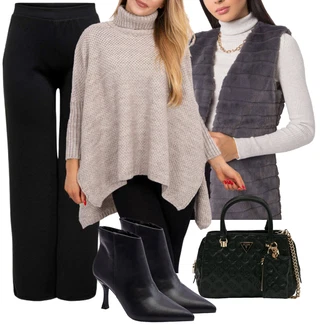 Outfit s Béžová/Hnědá/Šedá Pončo & Kimono Pončo/Pletené pončo kesi "Elegantní podzimní outfit"