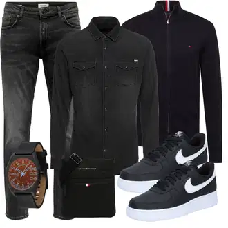 Outfit mit Schwarz/Dunkelgrau/Grau Damen 7/8-Länge Jeans/Knöchelstiefel/Cropped Jeans/Girlfriend Jeans/Jeans mit Schlitz/Low Rise Jean/Regular-Fit Jeans/Lederjacke/Slim Fit Jeans/Straight Leg Jean/Leder Schuhe/Tapered-Jeans/Herren Lederjacke/Winterjacke/Unkategorisiert Only & Sons "Freizeit Outfit"