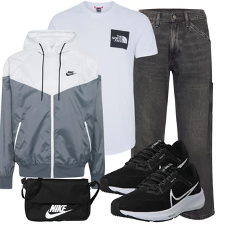 Outfit mit Grau Mantel/Reflektierende Jacke/Windbreaker Jacke/Kapuzenjacke/Kastenjacke/Sweatmode Nike Sportswear "Freizeit Outfit"