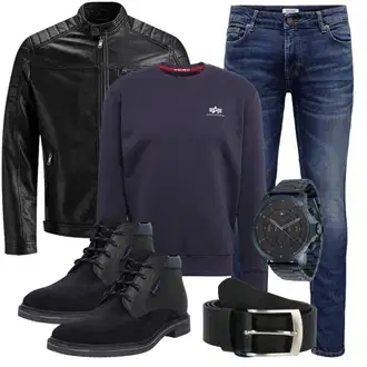Große Größen Outfit mit Schwarz/Creme/Dunkelgrün Mantel/Lederjacke/Leder Bomberjacke/KunstLederjacke/Vintage Lederjacke/Bikerjacke/Motorradjacke Jack & Jones "Freizeit Outfit"